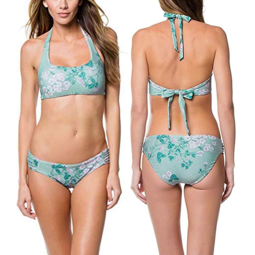 BECCA Women's Mojito Serene Metallic Floral Print Halter Bikini Large Green